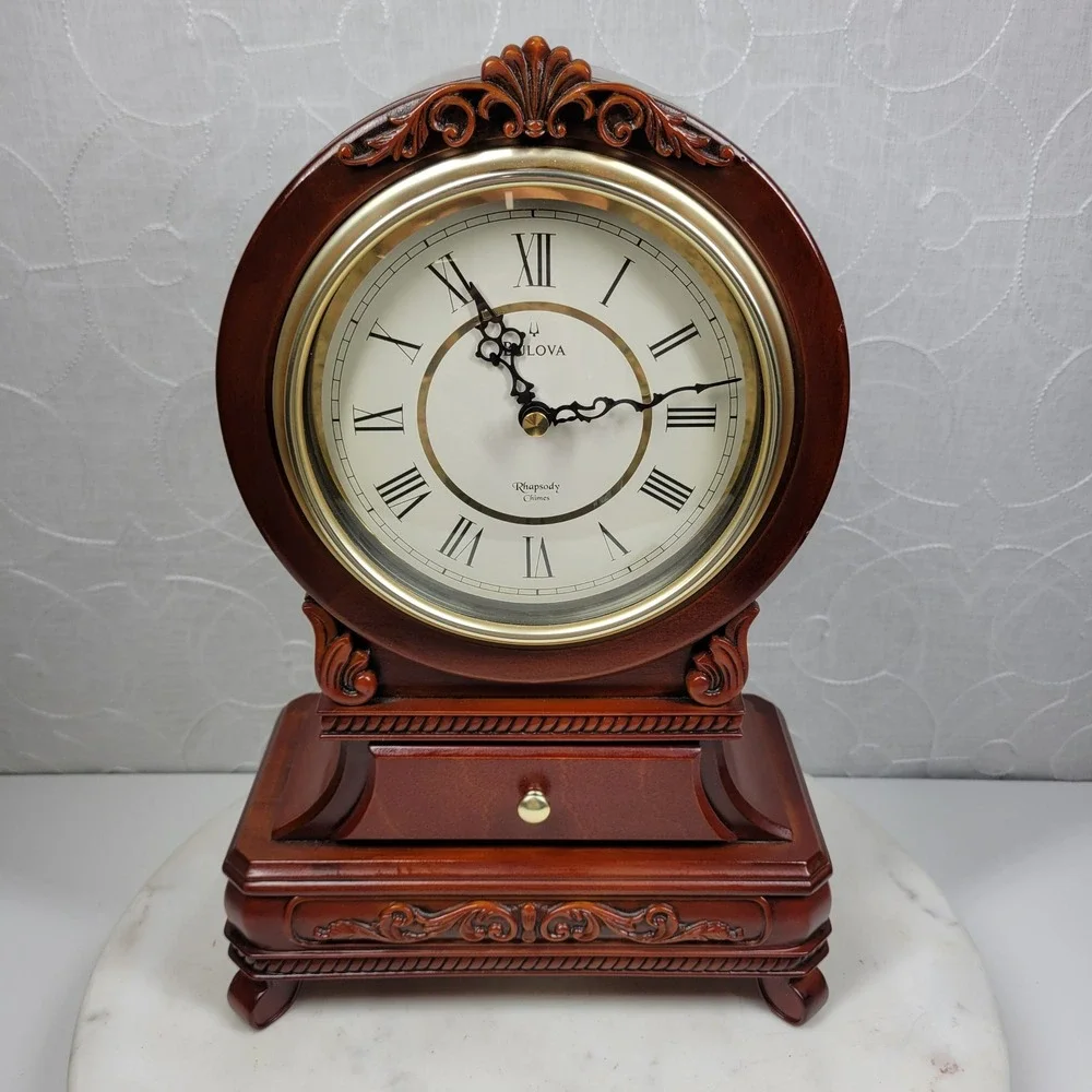 Bulova Rhapsody Mantel Clock Westminster Wood 3 Chime Battery Operated Drawer